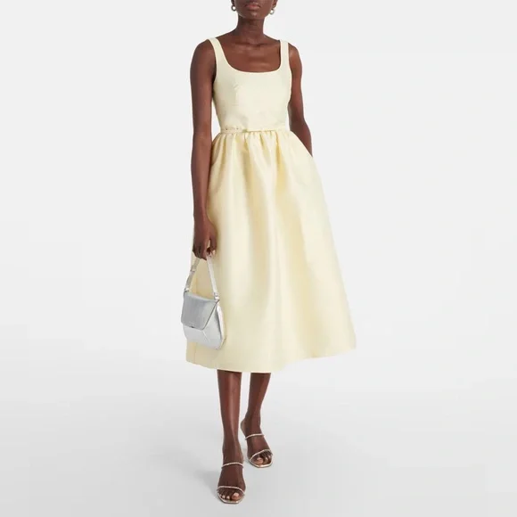 NEW Self-Portrait Light Yellow Taffeta Midi Belted Dress | size UK 6 / US 2 - Picture 3 of 12